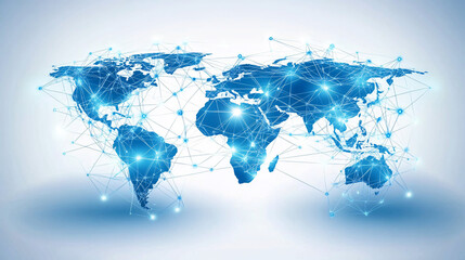 A detailed cyber-themed world map with bright glowing nodes and interconnected network lines symbolizing global communication
