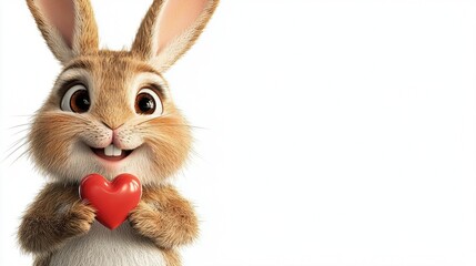 Obraz premium A cheerful rabbit holds a red heart, symbolizing love and happiness, with bright eyes and fluffy fur in a minimalist background.