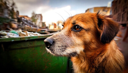 Close-up of a scruffy, ginger dog's head and shoulders, looking thoughtfully into the distance.  A blurred background reveals an urban setting with a green dumpster.