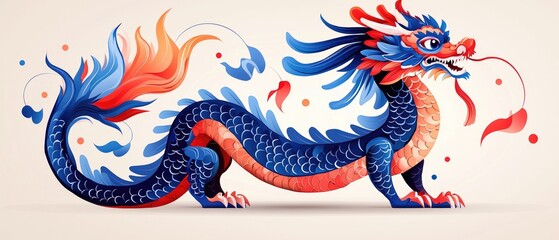 Fototapeta premium Colorful Chinese dragon illustration on plain background.