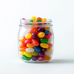 Colorful jelly beans in a glass jar, placed on a clean white surface, on pure white background with copy space