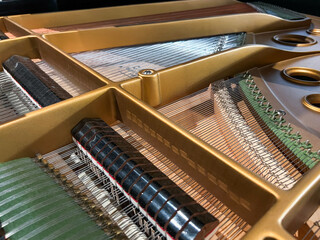 Detailed view of a grand piano’s inner workings: strings, dampers, and hammers in focus. Suitable...