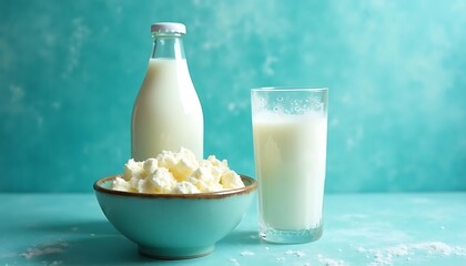 Milk kefir drink on blue backgroundLiquid and fermented milk product on blue background