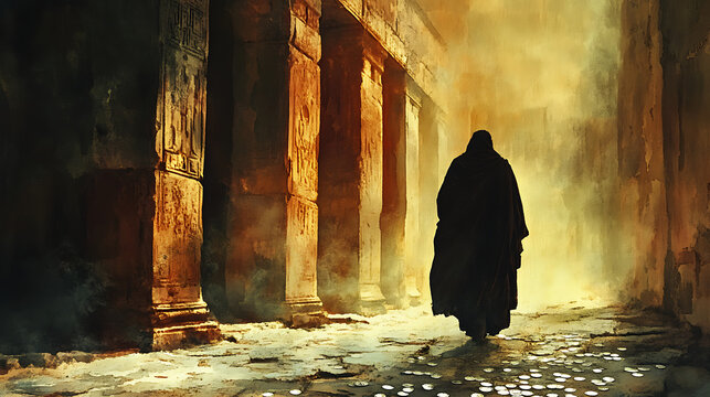 A dramatic scene of Judas exiting the temple, leaving silver coins glimmering on the dusty floor, the faint torchlight reflecting on the ancient carvings,