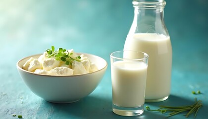 Milk kefir drink on blue backgroundLiquid and fermented milk product on blue background