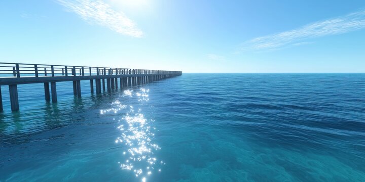 A serene view of a long pier extending into a sparkling blue ocean, capturing the essence of calmness and peace in a picturesque coastal setting.