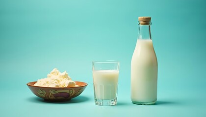 Milk kefir drink on blue backgroundLiquid and fermented milk product on blue background