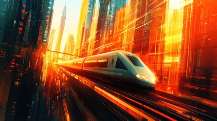 Fototapeta premium Futuristic high-speed train speeding through a vibrant city at sunrise.