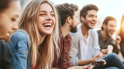 Obraz premium Group of diverse young people laughing together, showcasing unity, friendship, and the joy of shared moments in a multicultural setting.