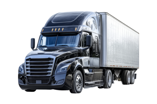 Commercial black semi truck isolated on a transparent background, png cutout. Logistics, cargo freight service, goods delivery, e-commerce. 