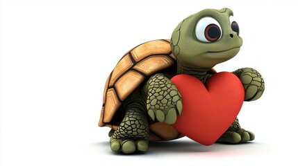 A cute cartoon turtle holding a red heart, symbolizing love and affection in a playful and charming way.