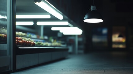 Dark, dimly lit grocery store aisle with produce display.