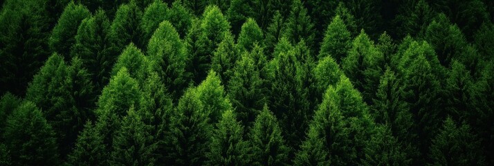 Fototapeta premium An overhead view of a dense forest filled with tall evergreen trees, showcasing the vibrant greens of nature and the intricate patterns of foliage.