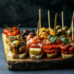 Gourmet appetizers on a wooden platter