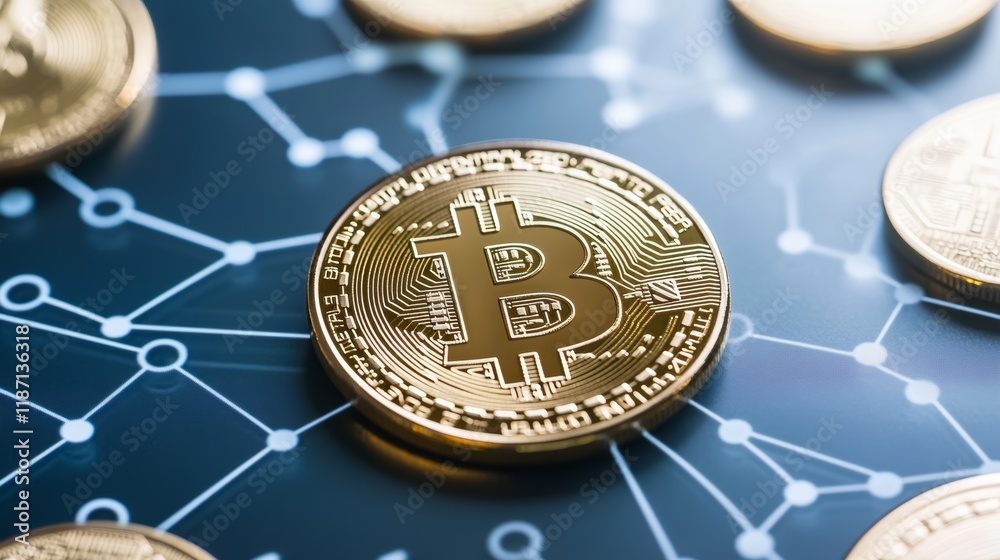 Poster Golden bitcoin cryptocurrency is laying on a dark background with network connections, showing the concept of decentralized digital currency and blockchain technology