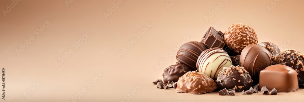 Poster Chocolate pralines of different shapes and colors creating a delicious composition on a brown background, perfect for valentine's day or a special occasion gift