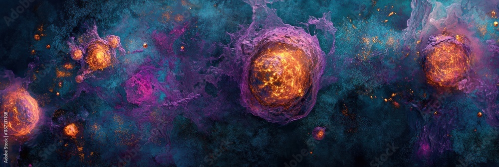 Fototapete glowing edges of cancer cells in a vibrant microenvironment showcase cellular behavior and interacti
