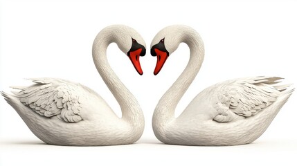 Fototapeta premium Two elegant swans form a heart shape with their necks, symbolizing love and unity in a serene, minimalist setting.