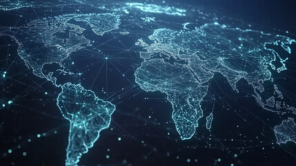 A futuristic digital representation of a global network with illuminated data points and interconnected lines across a dark world map  
