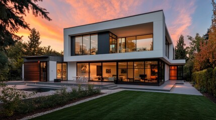 Obraz premium Modern two-story house with large windows, outdoor patio, and landscaped yard at sunset.