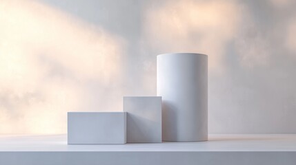 A clean, minimalist stage with a tall white cylinder and a small cube pedestal, positioned on a smooth reflective surface. 