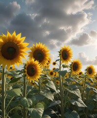 Fototapeta premium A field of sunflowers stretching towards the sky on a summer morning, their tall stalks swaying gently in the breeze on a cloudy day , sunflowers, nature
