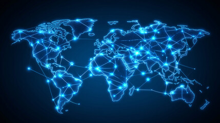 A glowing digital world map displaying interconnected nodes and network lines in bright blue tones representing global communication and data flow  
