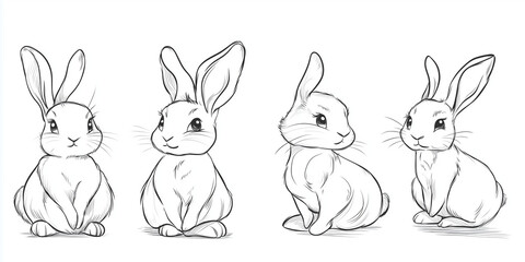 Obraz premium Cute Bunny Rabbit Outline Sketch Vector Illustration with Minimal Line Art Doodle in Different Poses