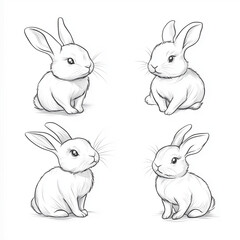 Fototapeta premium Cute Bunny Rabbit Outline Sketch Vector Illustration with Minimal Line Art Doodle in Different Poses