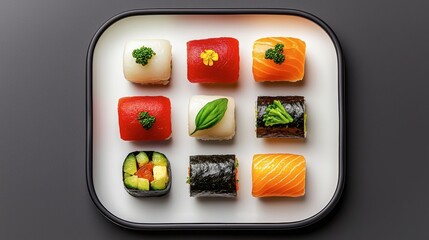 A vibrant assortment of sushi, featuring various types including nigiri and rolls, beautifully arranged on a square plate.