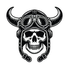 Black skull in helmet with horns vector illustration. Vintage dead head in helmet with glasses