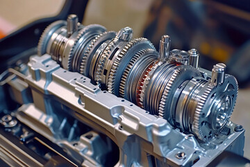 Fototapeta premium Complex machinery highlighting gears and mechanisms in a machine shop, showcasing engineering precision and industrial innovation