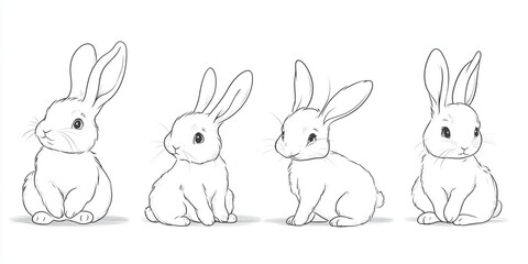Fototapeta premium Cute Bunny Rabbit Outline Sketch Vector Illustration with Minimal Line Art Doodle in Different Poses