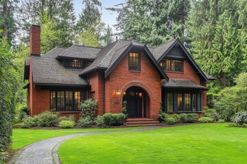 Charming brick home surrounded by lush greenery in a serene forest setting, showcasing beautiful architecture and a welcoming pathway on a sunny day