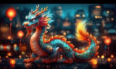 Fototapeta premium Colorful dragon parades through city streets at night with glowing lanterns.