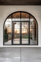 Obraz premium A contemporary entrance featuring an elegant arched design offers breathtaking views of a tranquil landscape bathed in the warm glow of sunset, all set within a picturesque residential neighborhood