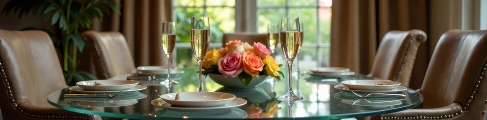 Elegant glass table with champagne flutes and a centerpiece, flutes, champagne