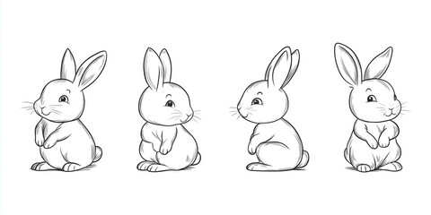 Fototapeta premium Cute Bunny Rabbit Outline Sketch Vector Illustration with Minimal Line Art Doodle in Different Poses