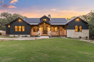 Beautiful modern house with a blend of stone and wood features, surrounded by lush greenery, at twilight showcasing inviting outdoor lighting and a welcoming entrance