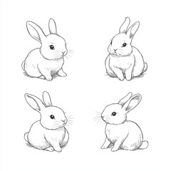 Fototapeta premium Cute Bunny Rabbit Outline Sketch Vector Illustration with Minimal Line Art Doodle in Different Poses