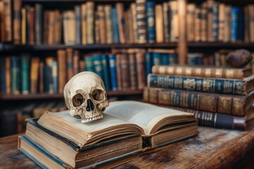 human skull perched on old open book in dusty antique library setting symbolizing mortality and knowledge concept of literature, science, education
