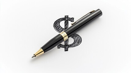 Naklejka premium A sleek black pen rests on a drawn dollar sign, symbolizing finance, contracts, and monetization.