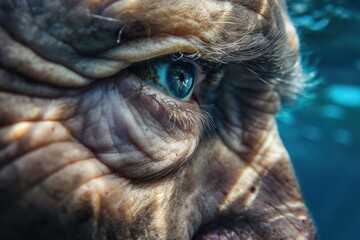 wrinkled elderly face with piercing blue eye immersed in dramatic underwater lighting gazing intently symbolizing depth concept of aging, humanity, wisdom