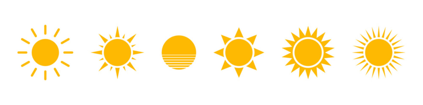 Sun icon. Sun shine sign. Isolated sunny cymbol. Sunshine vector set.