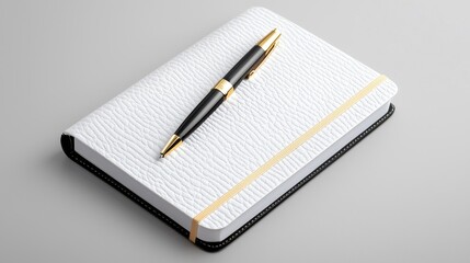 Naklejka premium A sleek white notebook with a textured cover and a gold-accented black pen resting on top, set against a gray background.