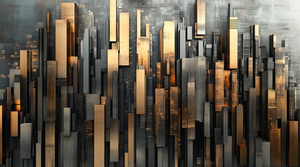 Obraz premium An abstract cityscape with layered skyscrapers in metallic hues wall frame canvas art, 3d illustration
