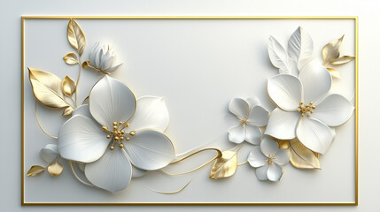 A minimalist floral design with embossed petals and golden highlights wall frame canvas art, 3d illustration