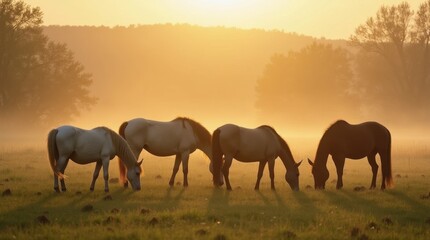 Fototapeta premium Serene Morning Meadow with Grazing Horses