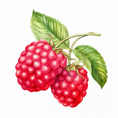 Two red raspberries on a leaf