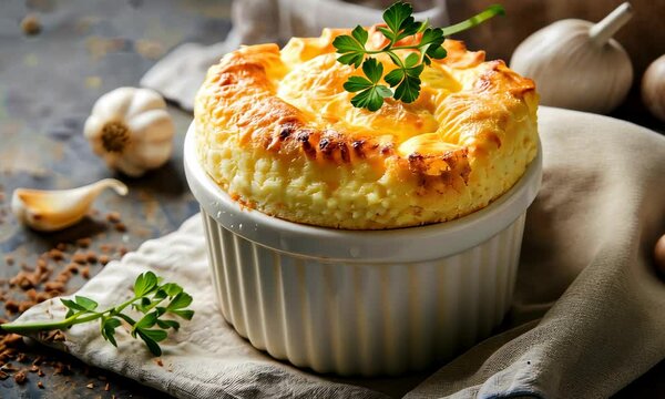 Golden-brown baked dish in white ramekin garnished with sprig of parsley on rustic table